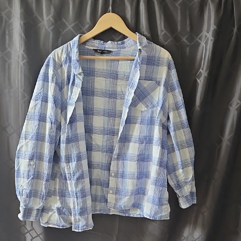Blue and White Plaid Women's Button Down Shirt Size 24